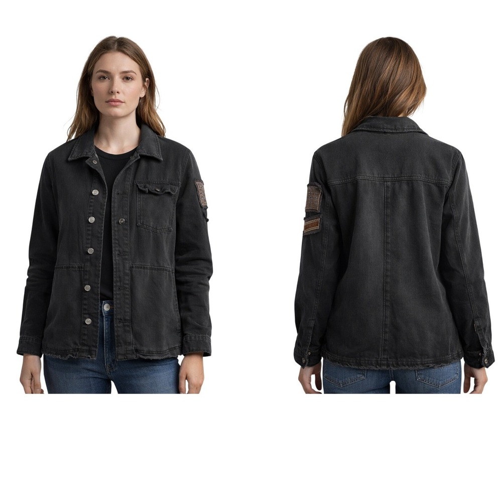 Free People Military Jacket Women Small Black Herringbone Denim Beaded Boho Edgy